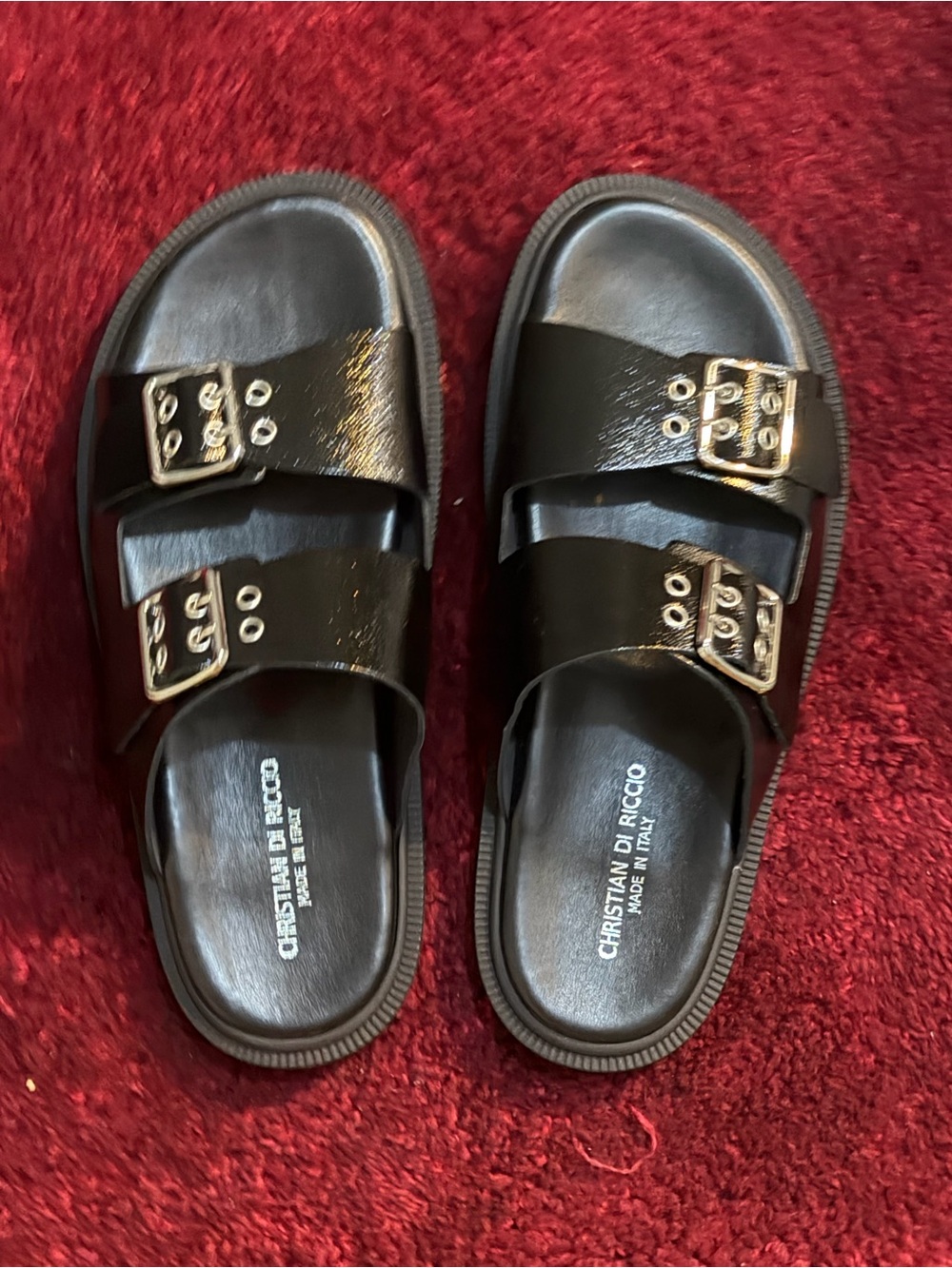 Black Patent Double-Buckle Slide Sandals